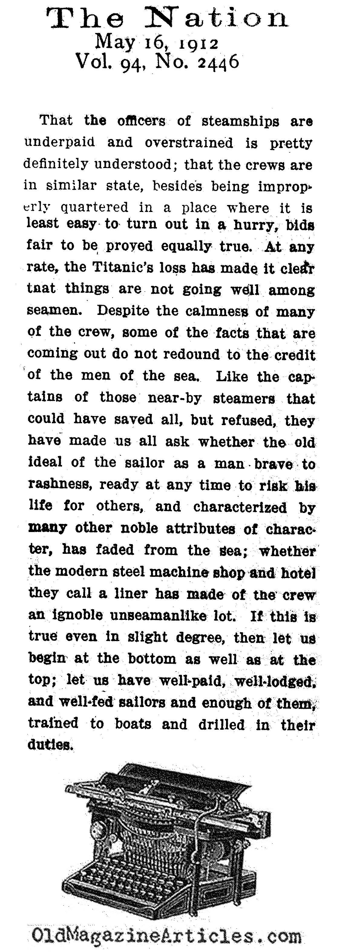 The <em>Titanic</em> Crew: Under-Drilled and Mediocre (The Nation, 1912)